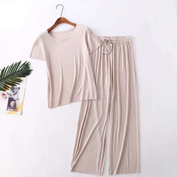 Fdfklak Pijama Mujer New Comfortable Modal Cotton Sleepwear Women Spring Summer Short Sleeve Trousers Set 2025 Pajama Sets