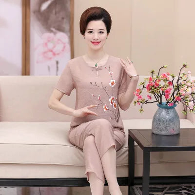 ឈុតគេងសម្រាប់ម្តាយវ័យកណ្តាល ដៃខ្លី ធ្វើពីកប្បាស លីនីល សម្រាប់រដូវក្ដៅ សម្រាប់ស្ត្រី ឈុតពីរដុំ សម្លៀកបំពាក់នៅផ្ទះ សម្រាប់ស្លៀកចេញទៅក្រៅ ទំហំ 4XL