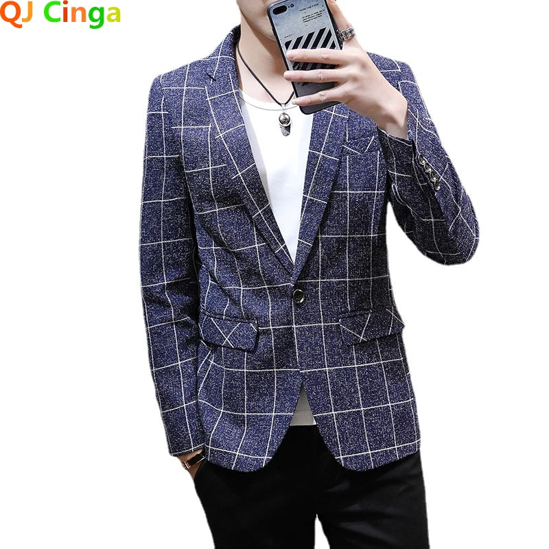 Off White Men's Plaid Suit Jacket, Spring /Autumn New Terno Masculino, Business Casual Blazers, Homme Fashion Slim Coat.
