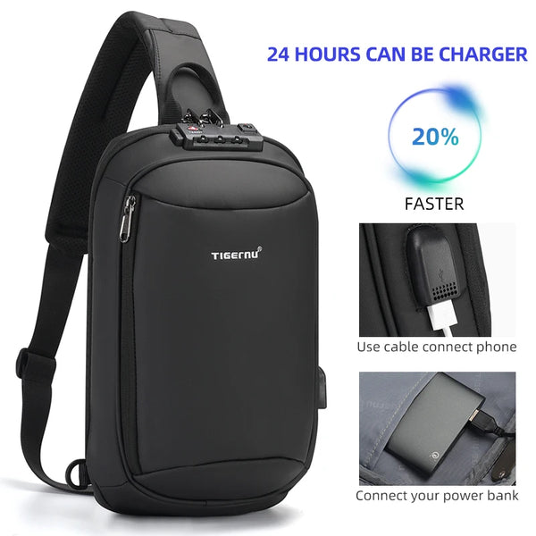 Tigernu Fashion Chest Bags Men High Quality Crossbody Bag Splashproof Chest Bag Anti-theft USB Charging Casual Shoulder Bag Male