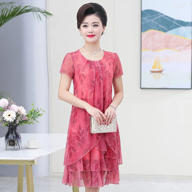 រ៉ូបរដូវក្តៅថ្មី រ៉ូបដៃខ្លីធម្មតា កអាវរាងអក្សរ O រ៉ូបបោះពុម្ពផ្កា រ៉ូបពិធីជប់លៀងឆើតឆាយ ទំហំ 5XL សម្លៀកបំពាក់ស្ត្រី
