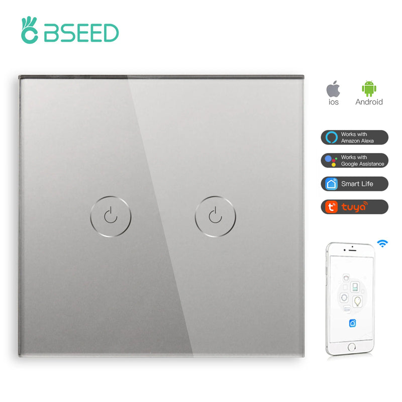 BSEED WIFI Wall Switches Smart Touch Screen LED Light Switches 1/2/3Gang 1/2/3Way Google Alexa App Power Switches Neutral Wire