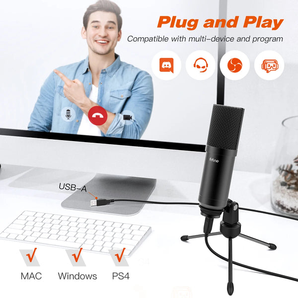 ឈុតមីក្រូហ្វូនលេងហ្គេម FIFINE USB ជាមួយជើងទ្រដៃដែលអាចបត់បែនបាន តម្រង Pop Filter Plug&Play ជាមួយកុំព្យូទ័រកុំព្យូទ័រយួរដៃស្ទ្រីមមីក្រូហ្វូន Podcast T732