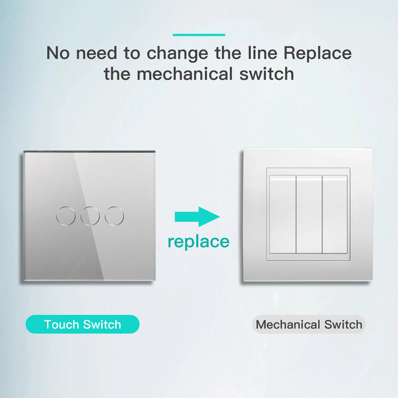 BSEED Touch Screen Light Switches 1/2/3Gang 1Way LED Backlight Wall Switches Glass Panel Max.Load 300W Light Switch On Off