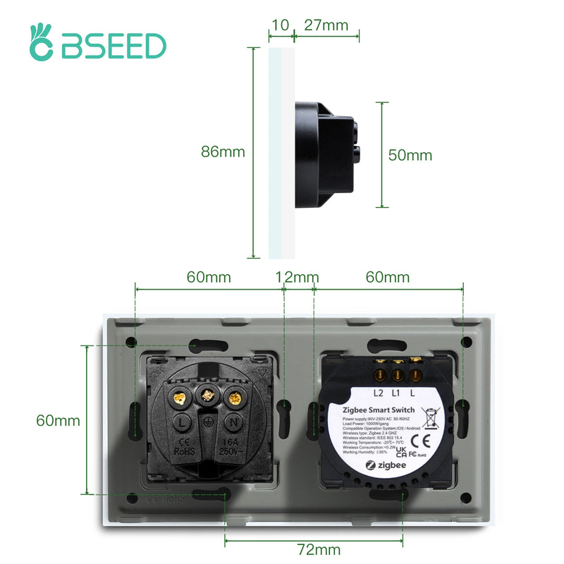 BSEED Zigbee Switch 1/2/3Gang Smart Sensor Switch Tuya Smart Life Control No Neutral Line With Normal EU Wall Socket