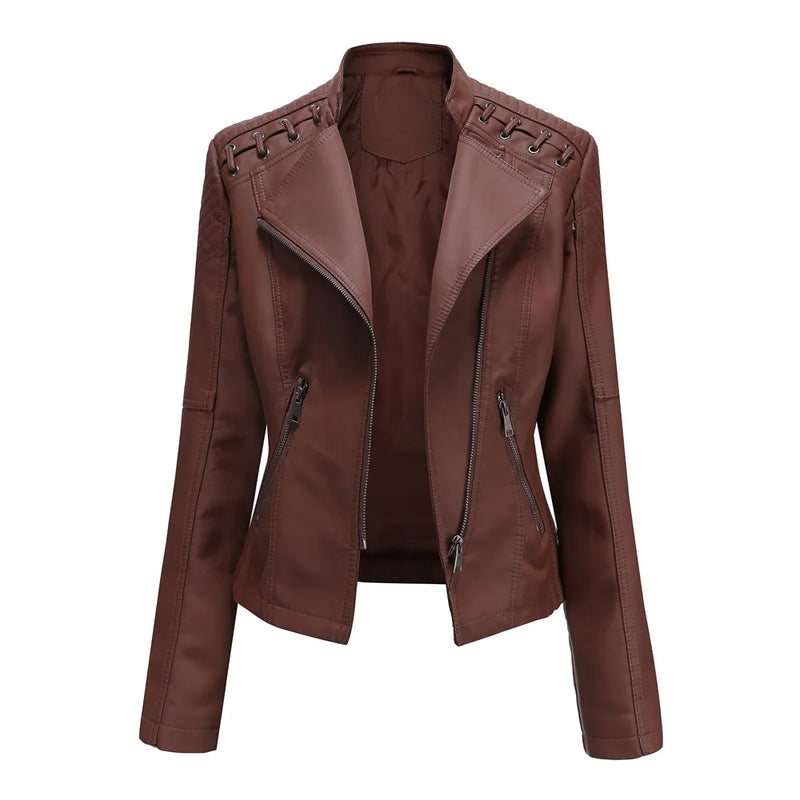 Short Brown Women's Purple Long Sleeve PU Coat, Fashion Motorcycle Women Leather Jacket, Autumn Black Lady's Jaqueta
