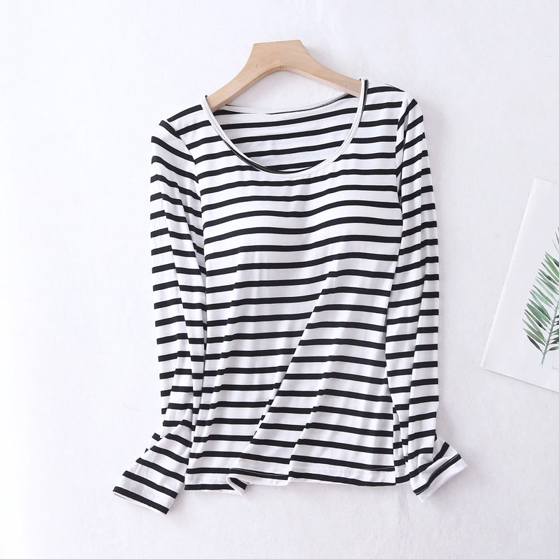 Fdfklak Casual Bra Padded Women Sleep Tops Large Size Modal Cotton Sleepwear Pajamas One Piece Long Sleeve Ladie's Base Shirt
