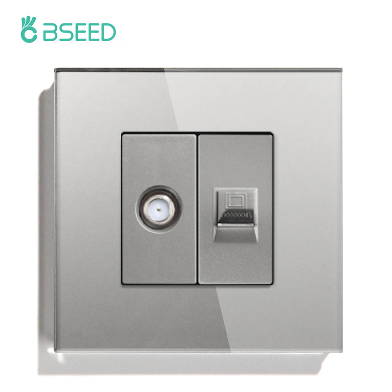 BSEED EU Standard Satellite PC Wall Socket Internet CAT5 Network Antenna Power Outlet Crystal Glass Panel 86*86mm