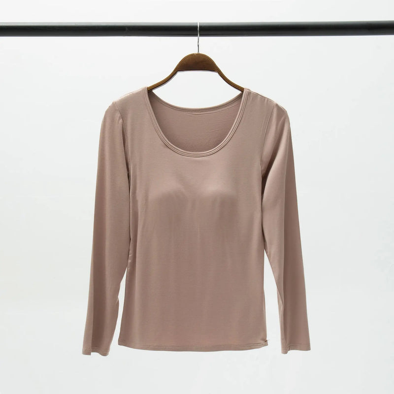 Casual Bra Pad One Piece Pajamas For Women Sleepwear T-shirt Spring Autumn Sleep Tops Long Sleeve Bottoming Night Shirt S-3XL