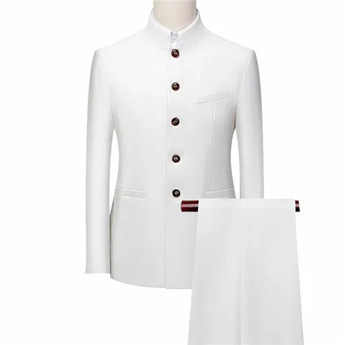 Men's White Stand Collar Chinese Style Slim Fit Two Piece Suit Set / Men Zhong Shan Blazer Jacket Coat Pants Trousers 2 Pcs 7XL