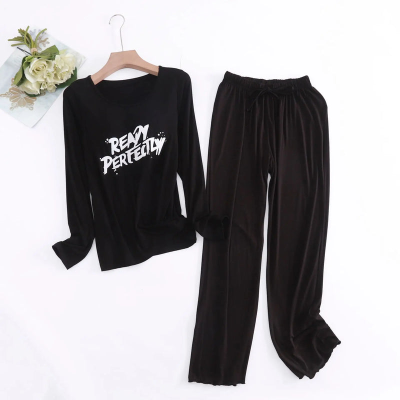 Spring Ladie's Modal Pajamas Sleepwear Set Letter Print Women Pajama 2 Piece Suit Full Sleeves Shirt Pant Lingerie Homewear