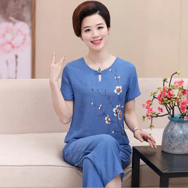 ឈុតគេងសម្រាប់ម្តាយវ័យកណ្តាល ដៃខ្លី ធ្វើពីកប្បាស លីនីល សម្រាប់រដូវក្ដៅ សម្រាប់ស្ត្រី ឈុតពីរដុំ សម្លៀកបំពាក់នៅផ្ទះ សម្រាប់ស្លៀកចេញទៅក្រៅ ទំហំ 4XL