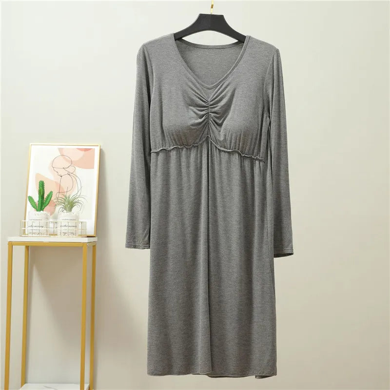 Fdfklak Comfortable Spring Autumn Modal Sleepwear Women Bra Padded Sexy Night Dress Long Sleeve Nightgowns Female Home Clothes