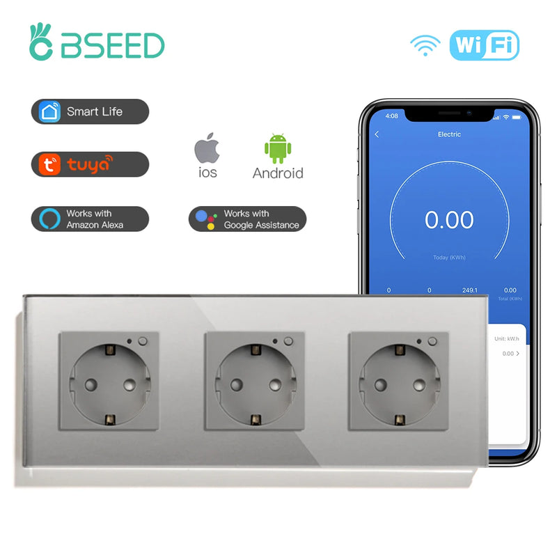 BSEED EU Electrical Wifi Smart Socket Wall Plug With Power Monitor Timing Function Tuya Alexa Smart Home Wireless Control 16A