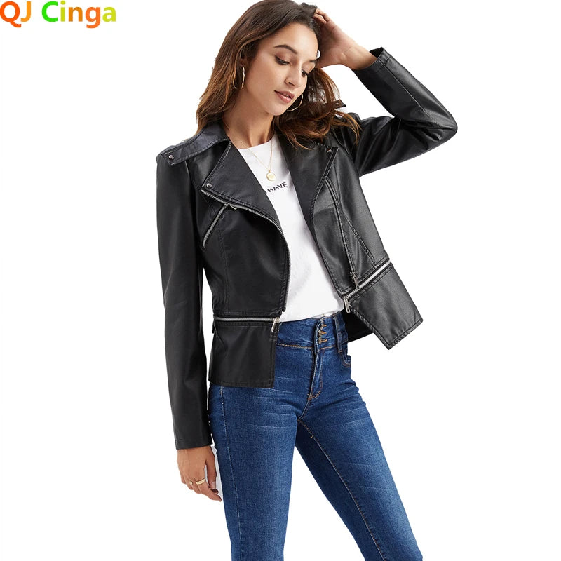 2026 New Women Black Faux Leather Jacket, Casual Zipper Decoration Biker Coat, Female Casual Solid Short Outwear S-3XL