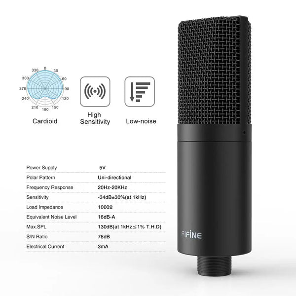 មីក្រូហ្វូន Fifine USB PC Condenser ជាមួយនឹងជើងមីក្រូហ្វូនលើតុដែលអាចលៃតម្រូវបាន សម្រាប់ការថតសំឡេងក្នុងស្ទូឌីយោ, Vlog, អូឌីយ៉ូ