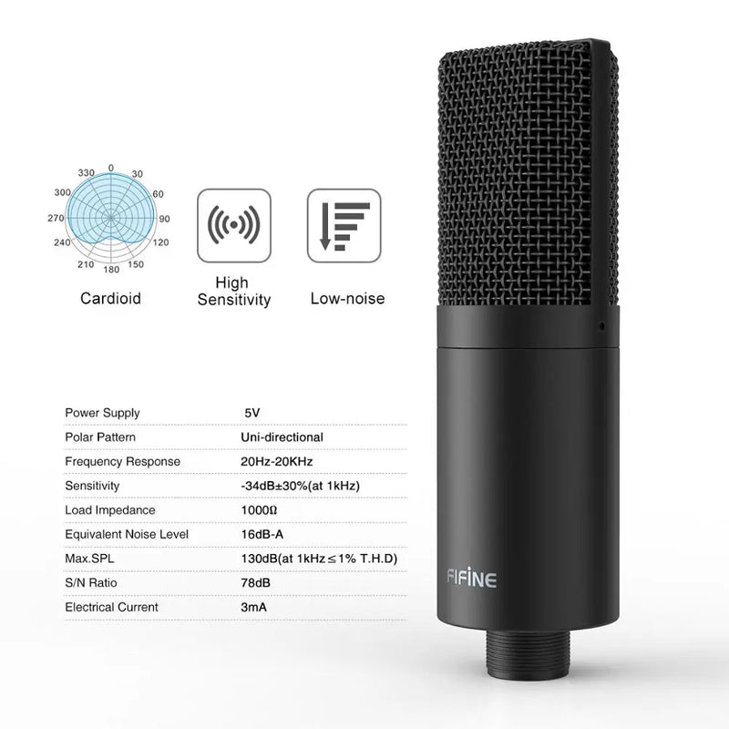 Fifine USB PC Condenser Microphone with Adjustable desktop mic arm shock mount for  Studio Recording Vocals  Voice, Vlog,Audio