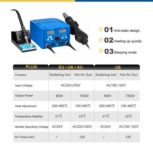 800W SMD Soldering Station Quick Heat Electric Hot Air Gun 2 in 1 Led Display Electric Soldering Iron BGA Rework Welding Station