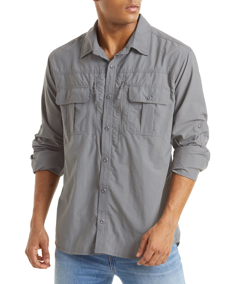 TACVASEN With 2 Chest Zipper Pockets Cargo Shirt Men's Quick Drying Skin Protective Long Sleeve Work Shirt Male Tops Outdoor