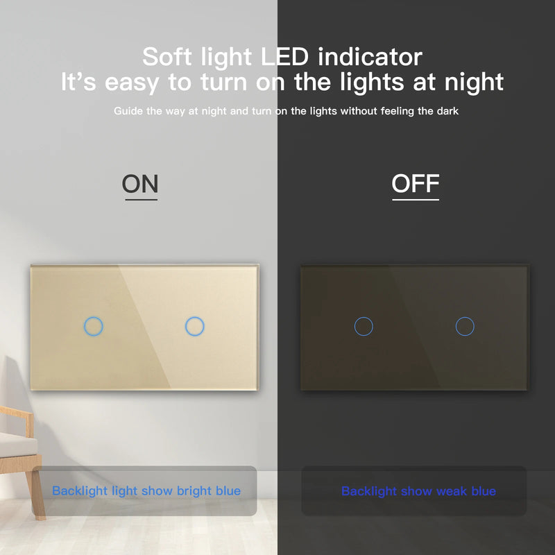 BSEED Double Light Switches Touch Sensor Wall Switch Glass 2Gang 1Way Switches Dark Blacklight White Black Golden 300W/Gang
