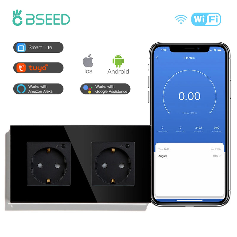 BSEED EU Electrical Wifi Smart Socket Wall Plug With Power Monitor Timing Function Tuya Alexa Smart Home Wireless Control 16A