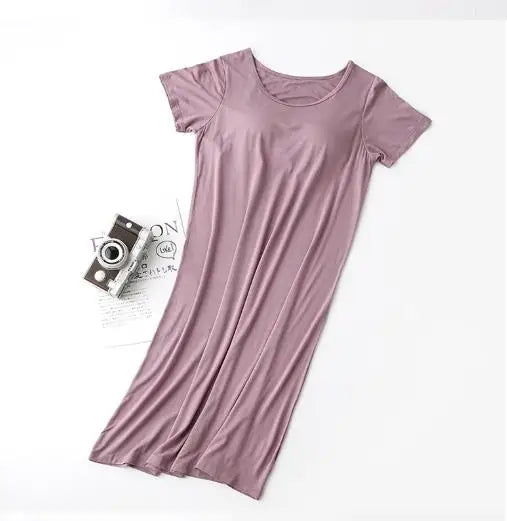 Fdfklak Nightgowns Women Short Sleeve Modal Cotton Sleepwear Dress Soft Plus Size Nightwear Nightdress Bra Padded Nightshirt 3XL