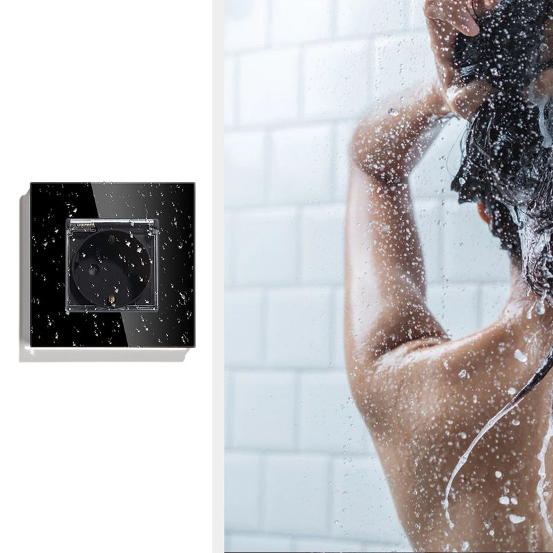 BSEED EU Standard Single Power Sockets With Waterproof Cover Double Wall Outlet Bathroom Triple Plugs 16A Crystal Panel 110-250V