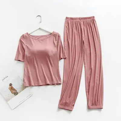 Casual Thread Modal Women's Sleepwear Home Suit Chest Pad Pajamas Set Half Sleeve Lantern Pant Two piece Cotton Pyjamas Women