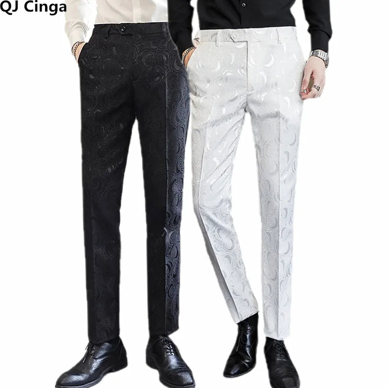 2026 New Men's White Rose Pattern Suit Pants, Business Office Trousers, Wedding Party Men Dress Pants Blue Pantalones Hombre