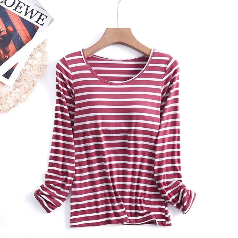 Fdfklak Casual Bra Padded Women Sleep Tops Large Size Modal Cotton Sleepwear Pajamas One Piece Long Sleeve Ladie's Base Shirt