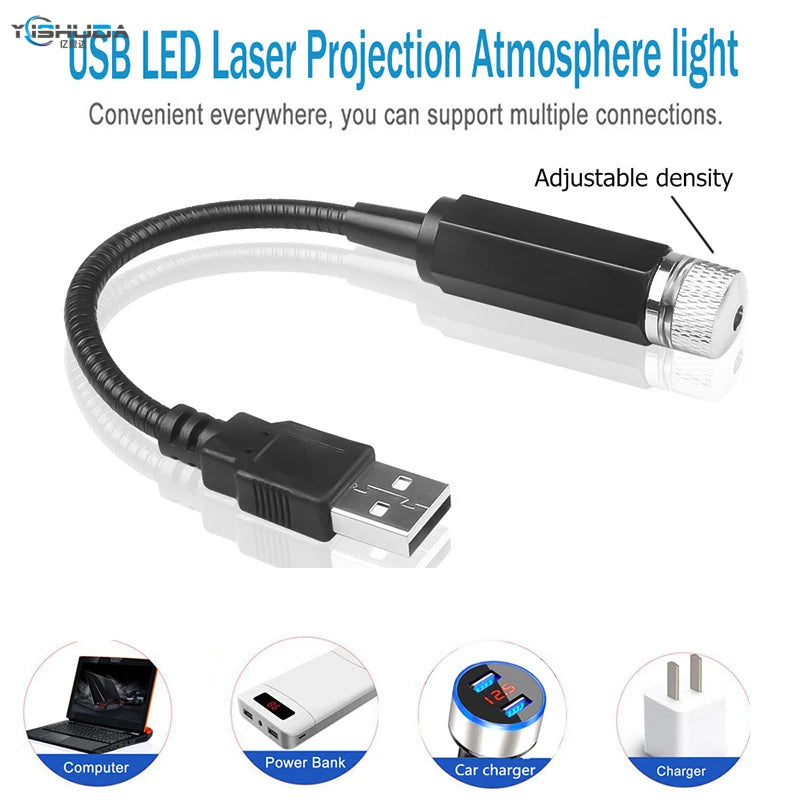 ភ្លើងបំភ្លឺដំបូលរថយន្ត UniversalLED Star Night Projector ចង្កៀងបរិយាកាស Galaxy ចង្កៀងតុបតែង USB អាចលៃតម្រូវបានច្រើនបែបផែនភ្លើងបំភ្លឺ