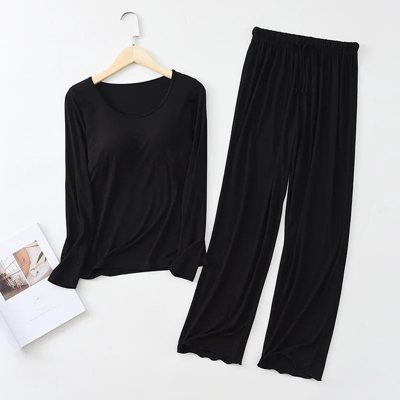 Modal Pajamas Sets Women Casual Bra Pad Sleepwear Suits Spring Autumn Long-Sleeved Home Clothing Winter Ladies Pyjama Lingeries