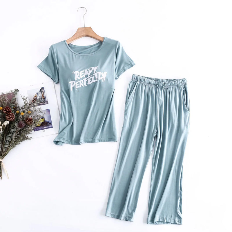 Letter Print Modal Suit Female Short Sleeve Cropped Pant Pajamas For Women Spring Summer Sleepwear Bra Padded Cotton Home Set