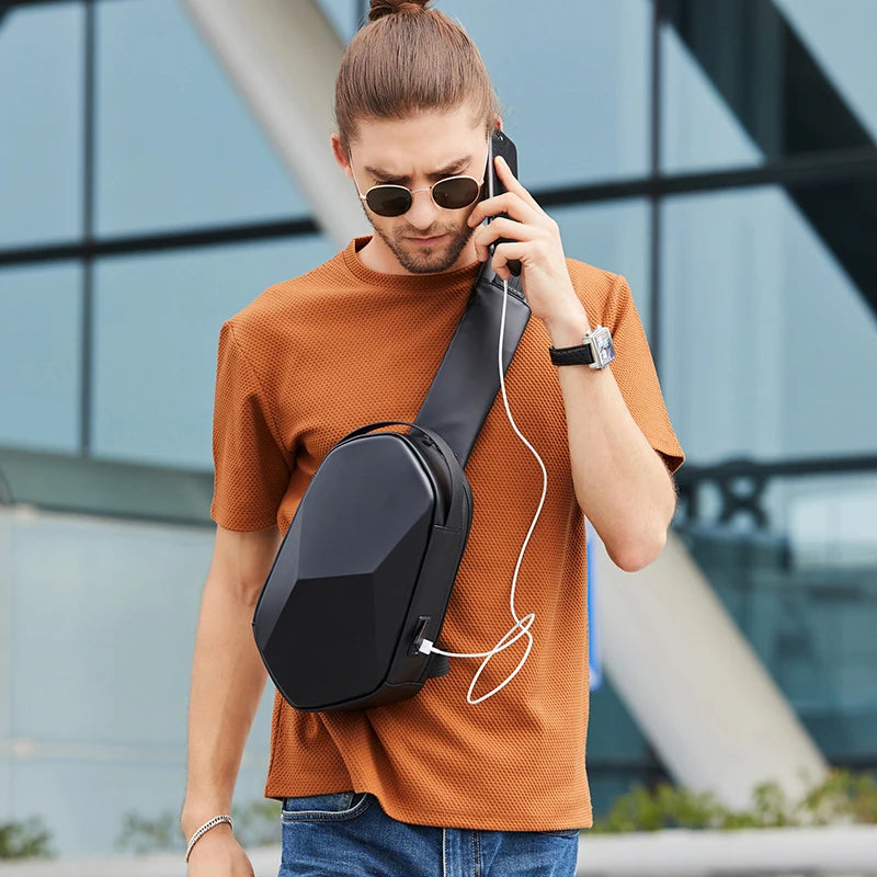 BANGE Hard Shell Design 3.0 USB Charging Crossbody Bag Shoulder Bags Male Waterproof Short Trip Chest Bag Pack for Men Sling Bag