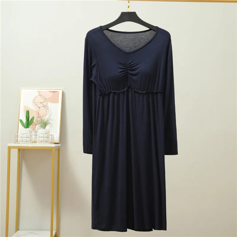 Fdfklak Comfortable Spring Autumn Modal Sleepwear Women Bra Padded Sexy Night Dress Long Sleeve Nightgowns Female Home Clothes