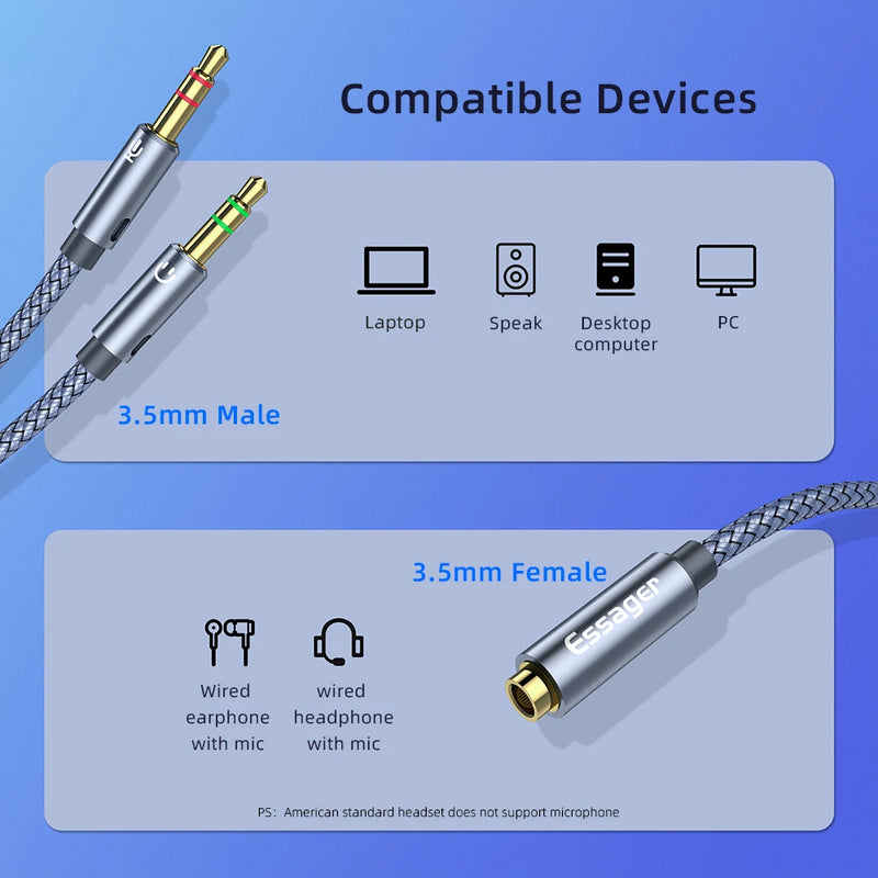 Essager Aux Cable Headphones Audio Splitter 3.5mm Female to 2 Jack 3.5mm Male For Computer Speaker Mic Y Splitter to PC Adapter