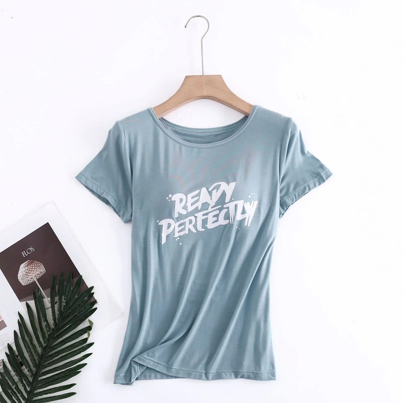 Fdfklak Letter Print Modal Sleepwear Tops Casual Sleep T Shirt Bra Padded Short Sleeve Home Clothes One Piece Pajamas Women