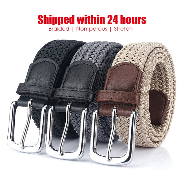 VATLTY Fashion Woven Elastic Belt for Women Men Solid Alloy Silver Buckle Stretch Strap Female Jeans Brown Belt Girdles Male