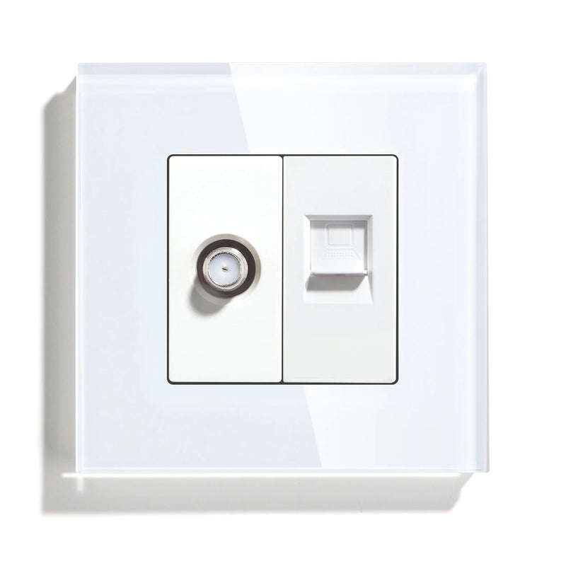 BSEED EU Standard Satellite PC Wall Socket Internet CAT5 Network Antenna Power Outlet Crystal Glass Panel 86*86mm