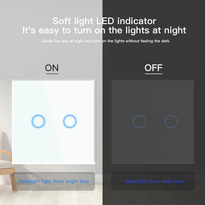 BSEED Touch Light Switches LED Backlight EU Wall Sockets Switches Glass Panel Max.Load 300W 1/2/3Gang 1Way LED Light Switches