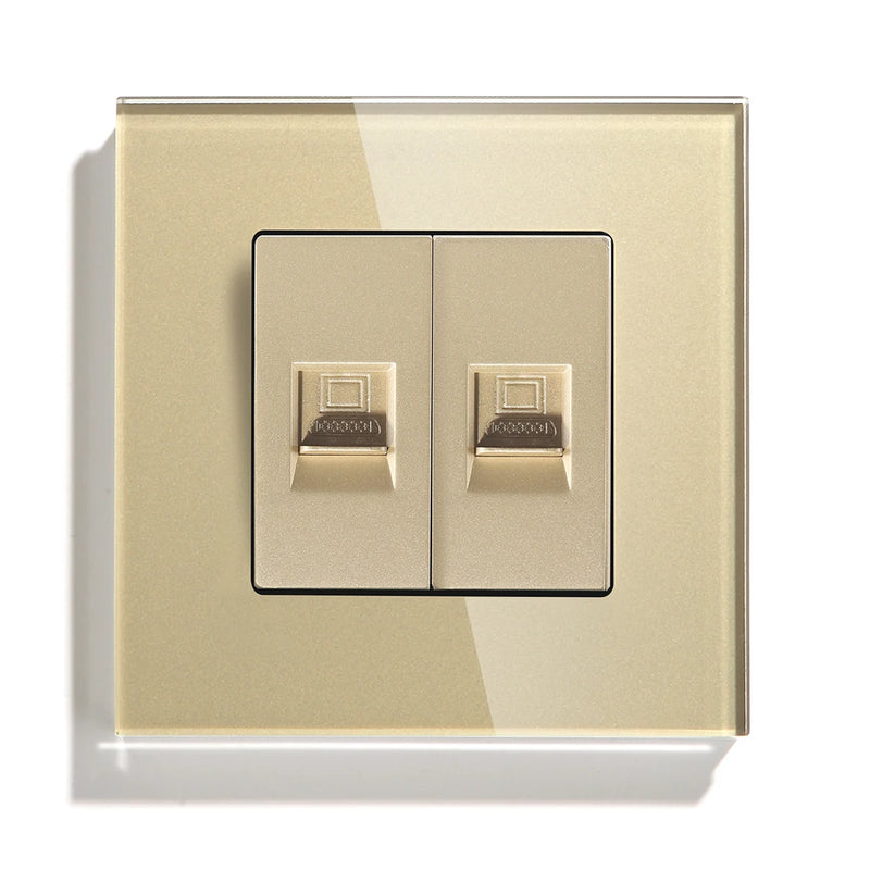 BSEED Double CAT5 Network Data Socket Internet RJ45 CAT6 PC Wall Outlet  EU Standard Tempered Glass Panel White Black Golden