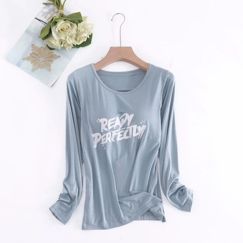 Spring Autumn Comfortable Sleepwear Women Shirt Casual Letter Print Sleep Tops Bra Padded Modal One Piece Pajamas Female