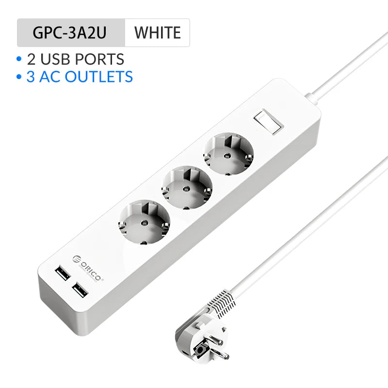 ORICO Power Strip Multiprise AC+2USB Electronic Socket Home Office Surge Protector EU Plug Extension Cable Wall Mounted Charger