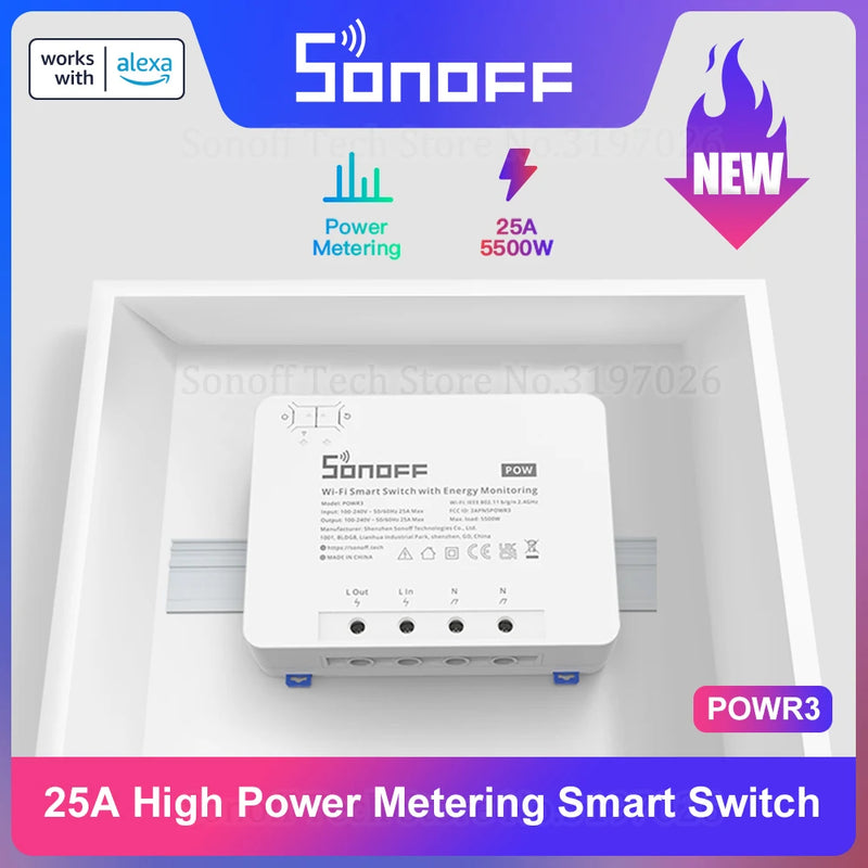 SONOFF POW R3 25A Power Metering WiFi Smart Switch Overload Protection Energy Saving Track on eWeLink Voice Control via Alexa