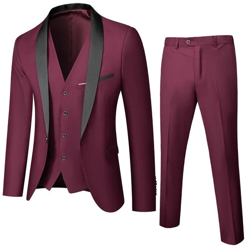 Men's Blue Suit 3-Pieces, Business Wedding Terno Masculino, Fashion Slim Fit Costume Homme, Black Red Gray, Asian Size M-4XL 5XL