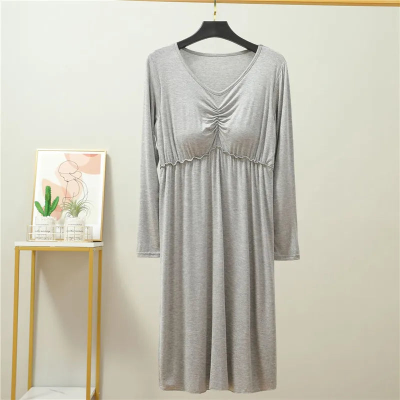 Fdfklak Comfortable Spring Autumn Modal Sleepwear Women Bra Padded Sexy Night Dress Long Sleeve Nightgowns Female Home Clothes