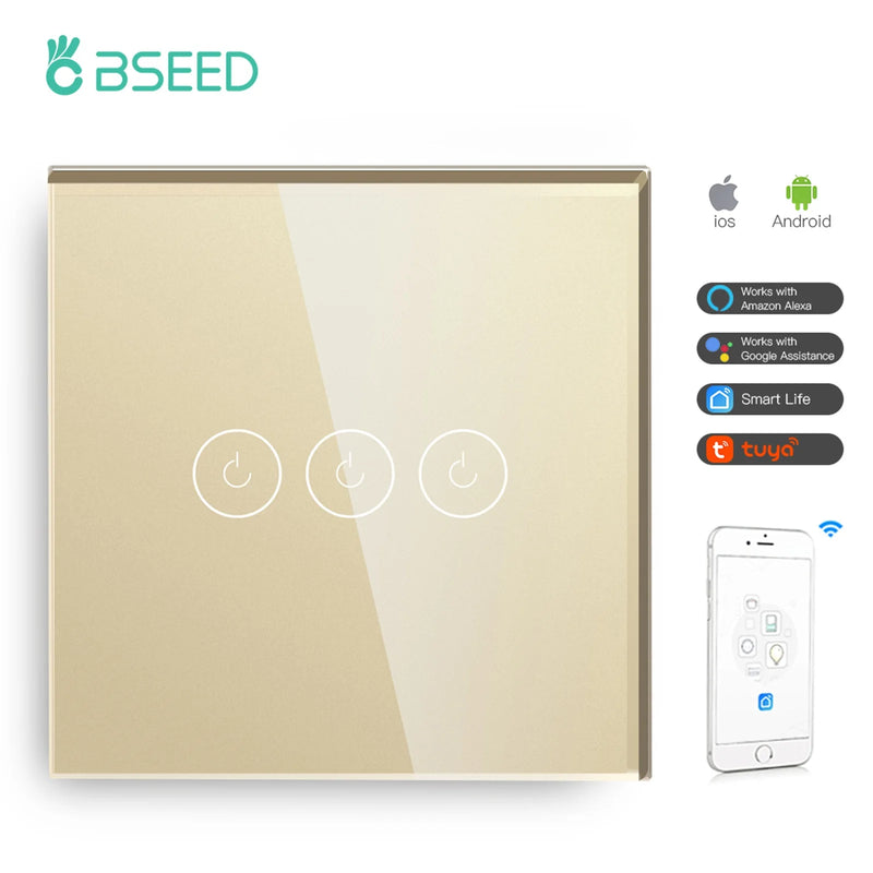 BSEED WIFI Wall Switches Smart Touch Screen LED Light Switches 1/2/3Gang 1/2/3Way Google Alexa App Power Switches Neutral Wire