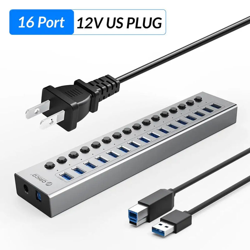 ORICO Industrial USB 3.0 HUB 7/10/13/16 Aluminum USB Splitter On/Off Switch With 12V Power Adapter Support Charging for Computer