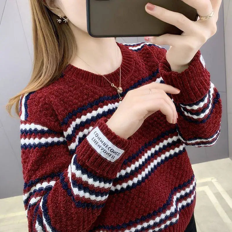 Fdfklak Stitching Color Winter Sweater Women Thick Spring Autumn 2026 New Student O Neck Pullover Korean Loose Tops Jersey Mujer