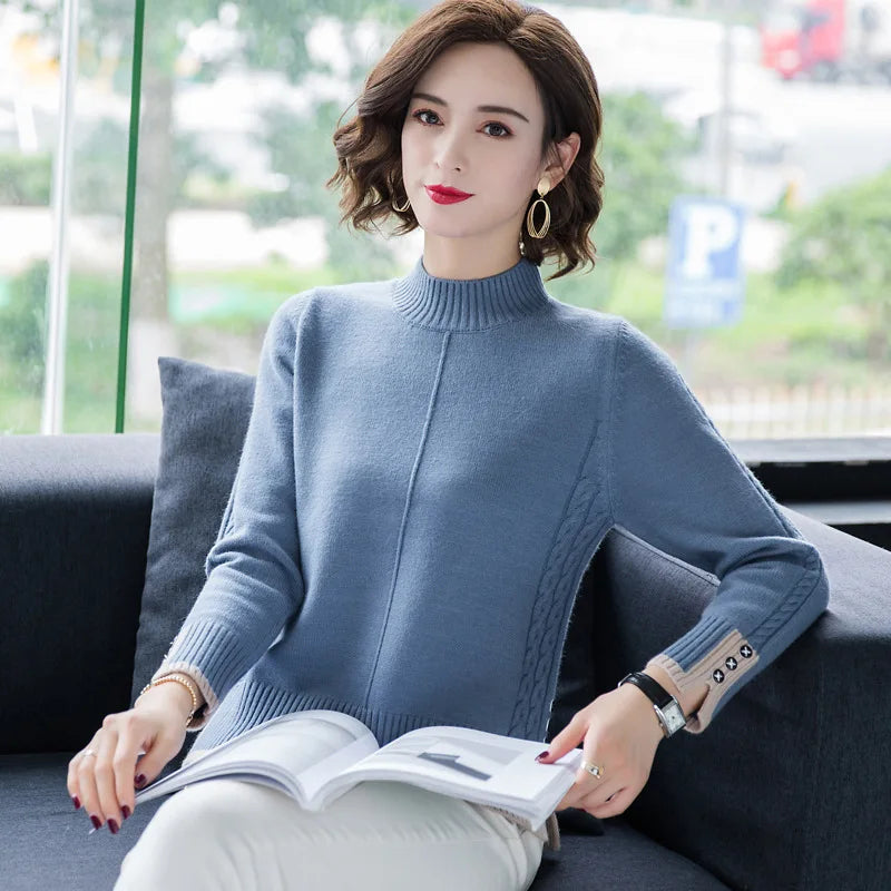 New Korean Women Base Sweater Loose Contrast Color Ladies Half High Neck Split Autumn Winter Pullover Sweaters Pull Tops Femme